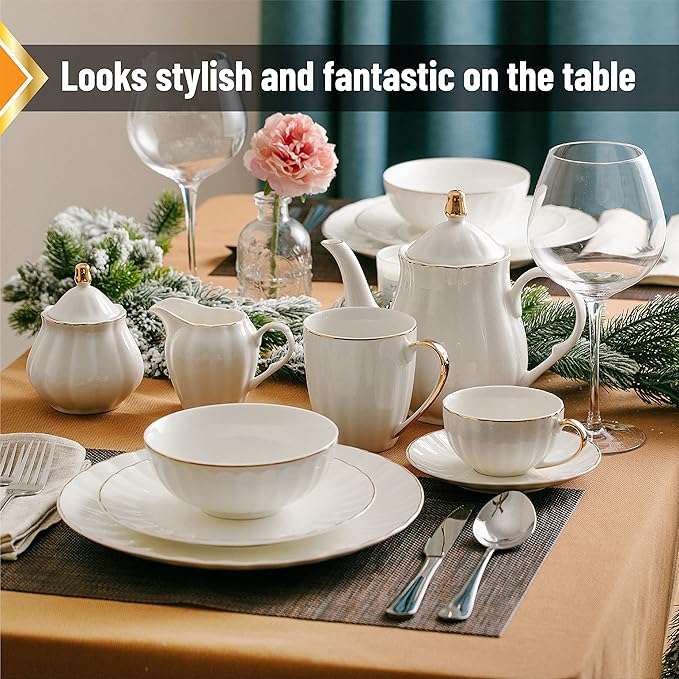 BTaT- Porcelain Dinner Plates with Gold Trim,10.5 inch, Set of 6, White Dinner Plates Bulk, White Plate Set