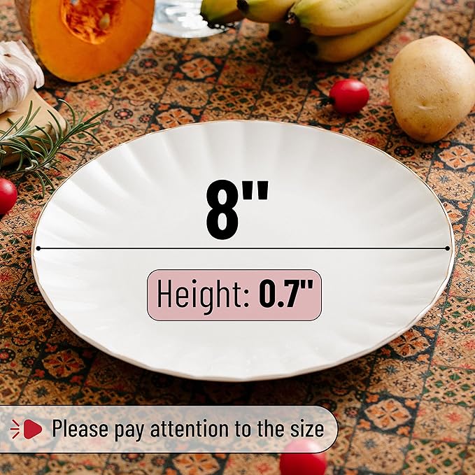 BTaT- White Dessert Plates, Set of 6, 8 inch, White Porcelain with Gold Trim, Small Plate, Small Appetizer Plates