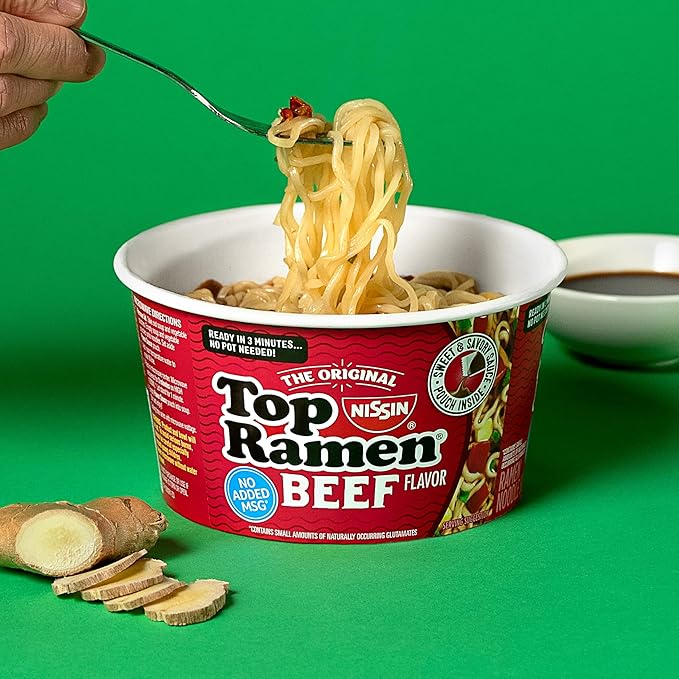 Nissin Top Ramen Bowl Ramen Noodle Soup, Beef, 3.28 Ounce (Pack of 6)
