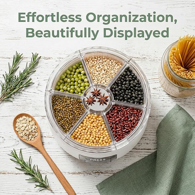 360° Rotating Grain Dispenser | 6-Grid Rice Dispenser with One-Click Dispensing | Airtight Cereal Container for Rice, Beans, Grains Storage (Black, Small)