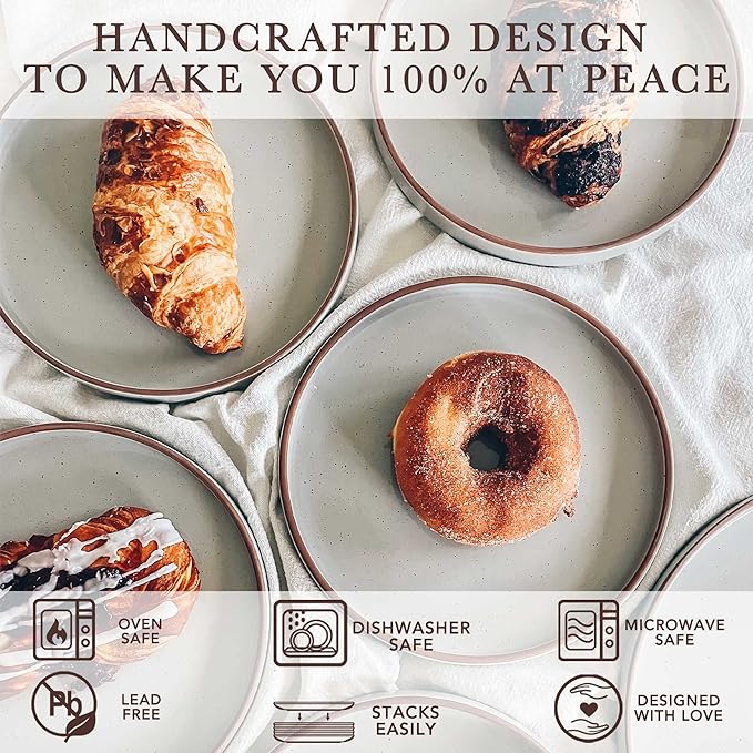 MORA Ceramic Flat Plates Set of 6-8 in - The Dessert, Salad, Appetizer, Small Lunch, etc Plate. Microwave, Oven, and Dishwasher Safe, Scratch Resistant. Kitchen Porcelain Dish - Earl Grey