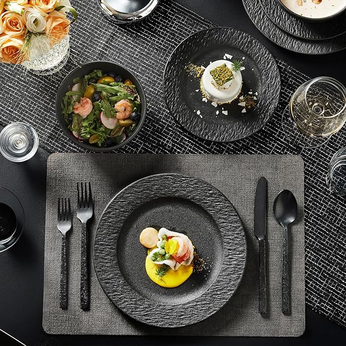 KINGSTONE Black Dinnerware Sets with flatware, 32-Piece Matte Marble Pattern Premium Porcelain, Place Setting with Dinner Plate, Salad Plate, Pasta Bowl, Microwave and Dishwasher Safe