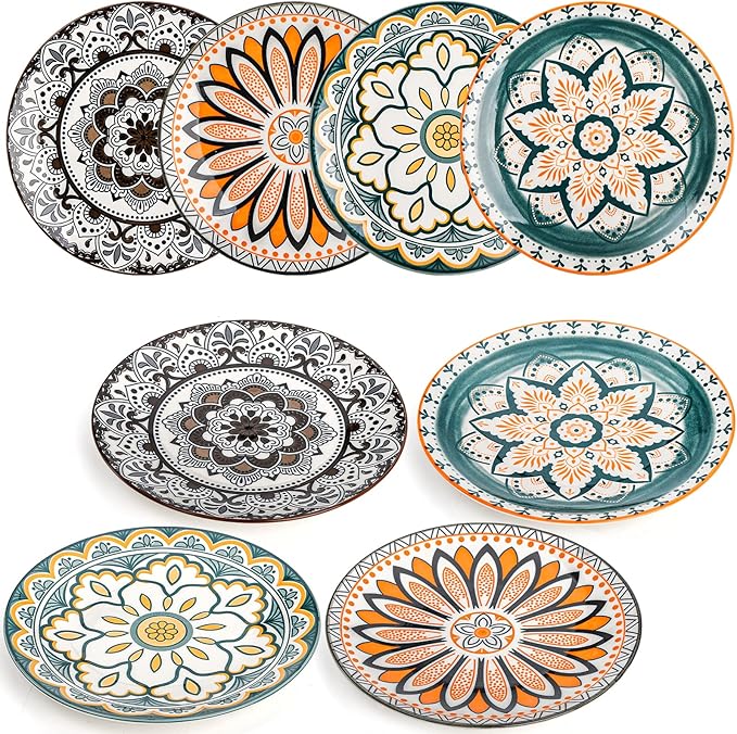 Foraineam 8 Pieces Salad Plates, 8.5 Inch Porcelain Floral Dessert Plates, Colorful Round Lunch Plate Sets for Appetizer Salad Fruit Snack, Dishwasher and Microwave Safe