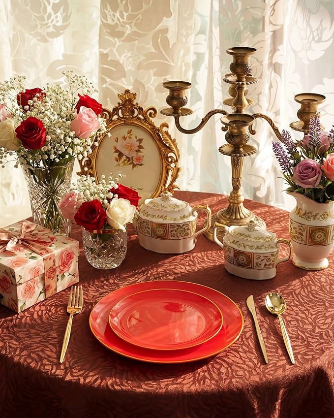 PULOTE 100PCS Red Plastic Plates Disposable Heavy Duty - Include 50 Dinner / 50 Dessert Plates for Party & Christmas