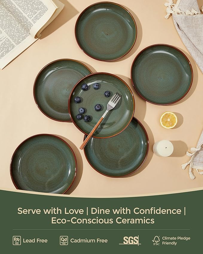 Pokini Stoneware Dessert Pates 8 Inch, Microwave Safe Plates, Reactive Glaze Small Dinner Plate, Scratch Resistant and Dishwasher Safe, Brown Green