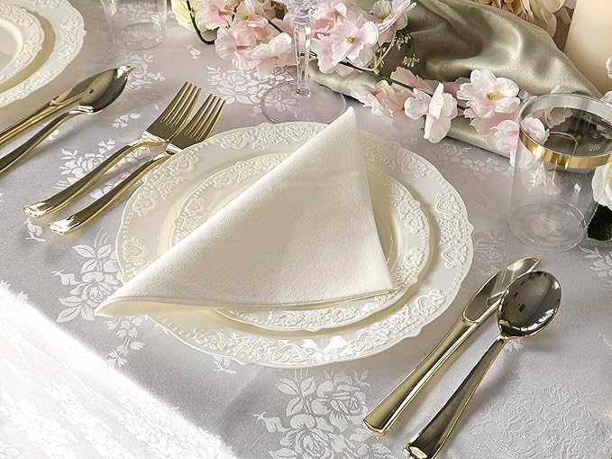 OCCASIONS 240 Pack (120 Guests) Fancy Vintage Disposable Plastic Plates Set, Heavy Duty Wedding Dinnerware Set - 120 x 10.25" Dinner + 120 x 7.5" Salad/Dessert, BPA Free, China-Like (Portofino Ivory)