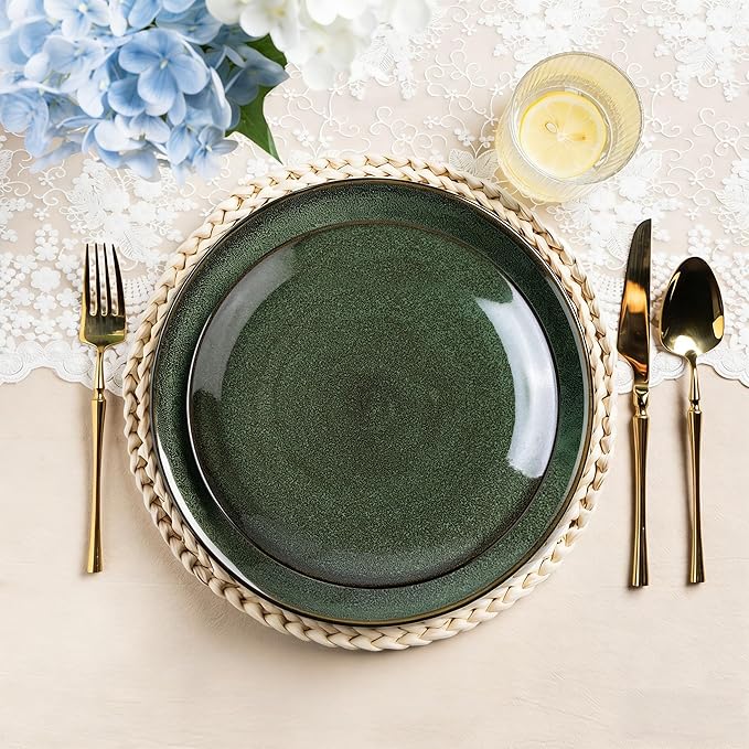 LERATIO Ceramic Dinner Plates Set of 6, 10.5 Inch Handmade Reactive Glaze Porcelain Plates, Coupe Shape Dinnerware Dishes Set for Kitchen,Oven& Microwave & Dishwasher Safe, Scratch Resistant-Green