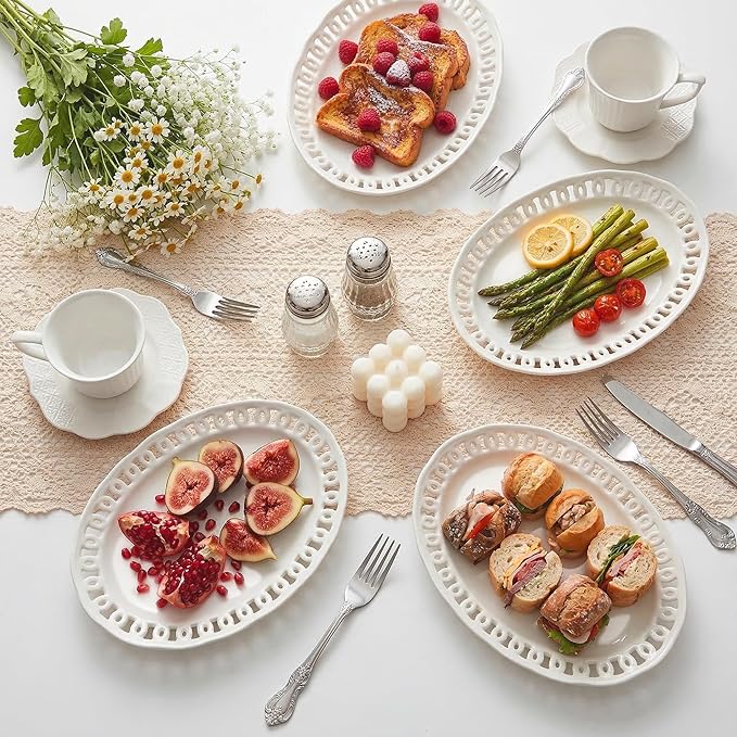 4 Pack Small Lace Serving Plates, 8" x 6" Oval Ceramic Dinner Plates for Dessert Appetizer Salad Bread Fruit Snack, Cute Side Dishes Set of 4 to Home Kitchen Party & Gift, Microwave & Dishwasher Safe