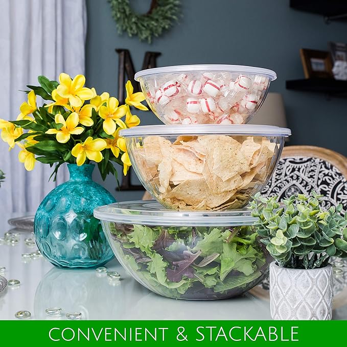 PLASTICPRO Disposable 150 Ounce Round Crystal Clear Plastic Serving Bowls, With Lids Party Snack or Salad Bowl, Chip Bowls, Snack Bowls, Candy Dish, Salad Container Pack of 8 Dough Rising Bowls