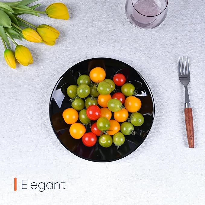LaGlint 8.5 inch Salad Plate Set of 6, Lightweight Opal Glass Round Black Plates for Appetizer Dessert Kitchen, Dishwasher and Microwave Safe