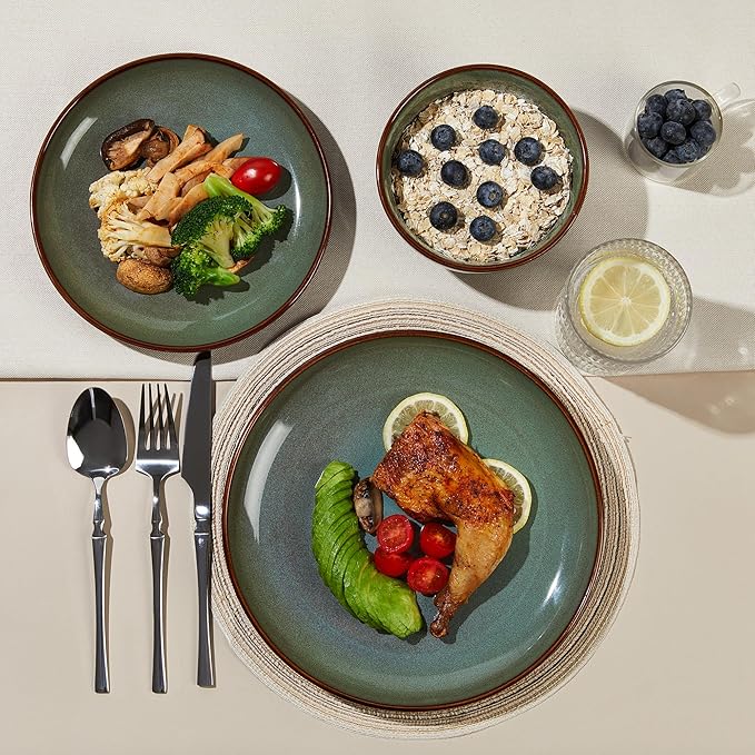 Pokini Stoneware Dinnerware Sets Service for 12, 36 pcs Reactive Glaze Plates and Bowls Sets, Handmade Ceramic Dish Set, Highly Chip and Crack Resistant Modern Plate Set, Brown Green