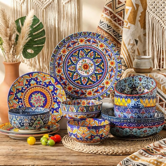 glowworm Pasta Bowls Set of 4, 42 oz Ceramic Salad Bowls for Kitchen, 9.7 Inch Colorful Serving Bowls for Soup, Dinner, Fruit, Dishwasher & Microwave Safe, Bohemian