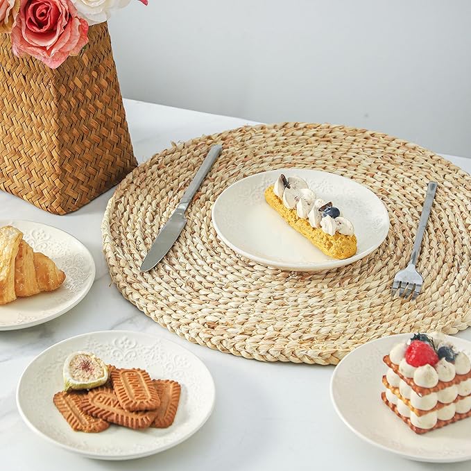 Neaylfe 6 Inch Ceramic Dessert Plates Set, Embossed Appetizer Plates for Kitchen, Lightweight Round Plates, Small Salad Plate for Cake Snacks Side Dish, Microwave Dishwasher Safe, Set of 6