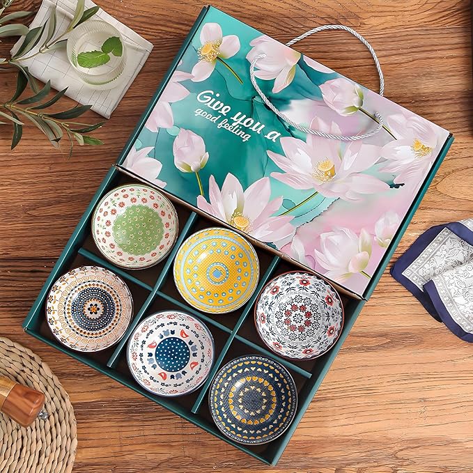 Rice Bowls 10oz, Japanese Style Bowls Set of 6 with Gift Box - Ceramic Bowls for Soup, Dessert, Ice Cream, Snack - Kitchen Gifts for Women Christmas Gift