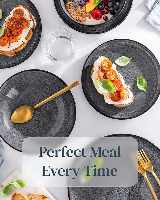 PURE LIVING INTERIOR DESIGN 4 Pcs Stoneware Dinner Plates Set - 10.2" Large Dinner Plates, Dishwasher & Microwave Safe, Scratch Resistant Stylish Plates Set of 4, Dark Gray