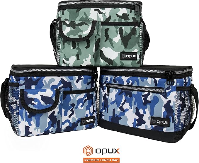 opux Insulated Lunch Box for Men Women Kids, Leakproof Reusable Lunch Bag Cooler for Work School Office, Soft Thermal Lunchbox Tote with Shoulder Strap for Boys Girls Adults, Camo Green, 14 Can/8L