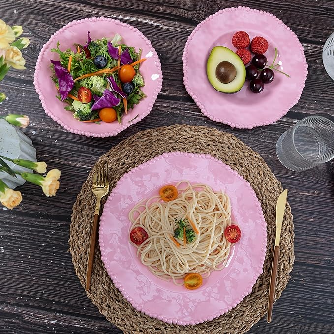Pink Beaded Dinner Plates sets, 11 inch Unbreakable Melamine Plate Set of 6, Lightweight Dinnerware Plates, 6 Piece big Salad Plates Set, Chip Resistant Camping Dishes