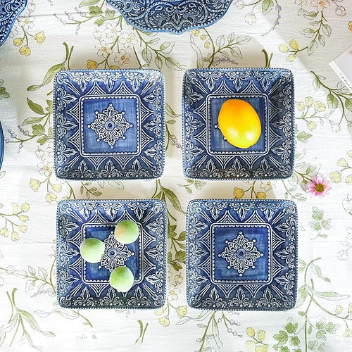 Sungmor Embossed Stoneware Fine Dining Dinnerware, Antique Baroque Style Porcelain 6 Inch Square Appetizer Plates Set of 4, Sophisticated Ceramic Small Dinner Plates Serving Dish for Dessert, Salad