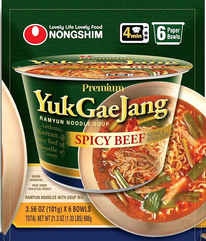Nongshim Yukgaejang Big Bowl, Premium Ramyun Noodle Soup, Spicy Beef, 3.56 oz (Pack of 6)