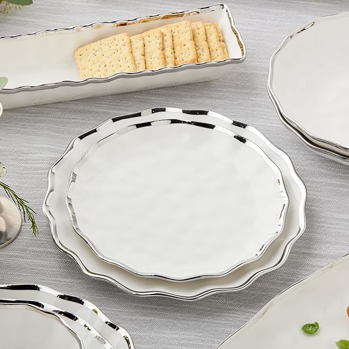 Regency Silver 9-Inch Porcelain Salad Plates – Set of 4 Elegant Silver-Trimmed Plates – Perfect for Appetizers, Salads & Desserts – Durable, Dishwasher-Safe Tableware for Everyday & Formal Dining