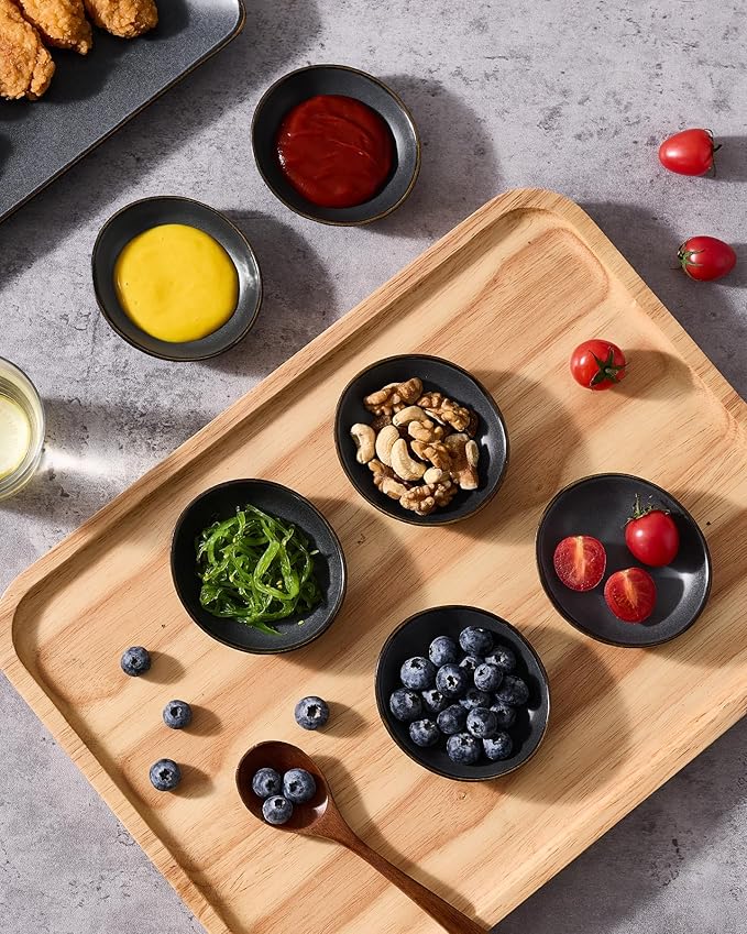 famiware Ocean Soy Sauce Dishes of 6, Oval Dipping Sauce Cups/Bowls for Kitchen, 2.1oz Ceramic Small Bowls for Side Dish, Appetizers, Snacks, and Sushi, Reactive Glaze, Dishwasher Safe, Matte Black