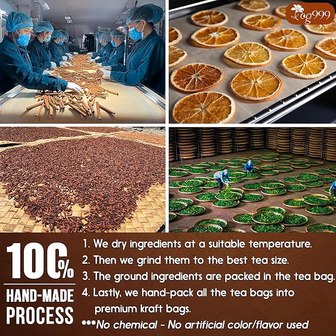 TOG999, 60 Tea Bags – Special Blend of Cinnamon, Black Tea, Orange Peel and Cloves, 100% Natural Ingredients, Hand-made Blend Herbal Tea. Eco-conscious Tea Bags. No Sugar, No Caffeine, No Gluten, Vegan.