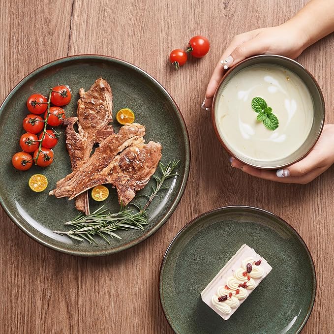 Pokini Stoneware Dinnerware Sets Service for 4, 12 pcs Reactive Glaze Plates and Bowls Sets, Handmade Ceramic Dish Set, Highly Chip and Crack Resistant Modern Plate Set, Brown Green