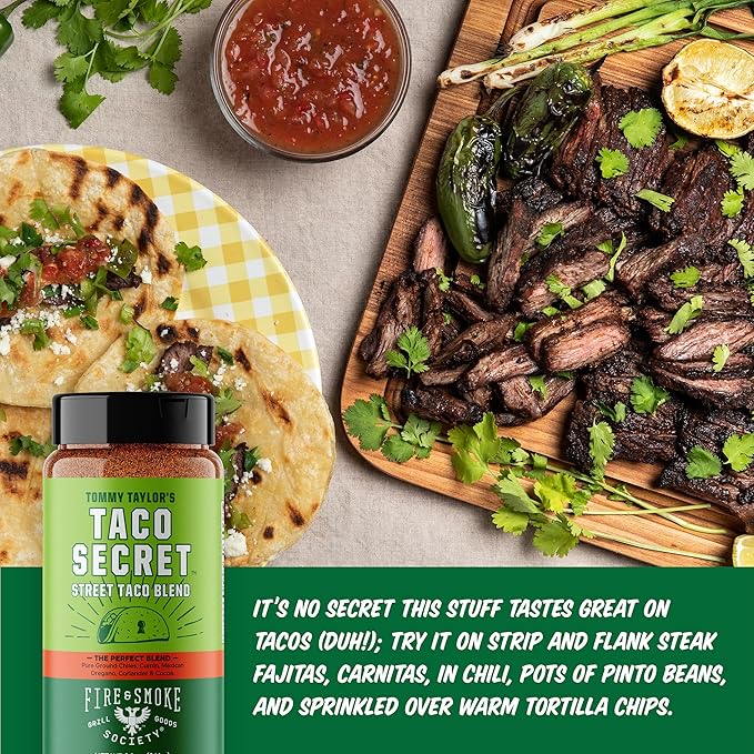 Fire & Smoke Society Taco Secret Taco Seasoning Mix | XLarge Bottle, 9.2 oz | Fajita Seasoning Mix, Carnitas, Meat, Mexican Spice Blend