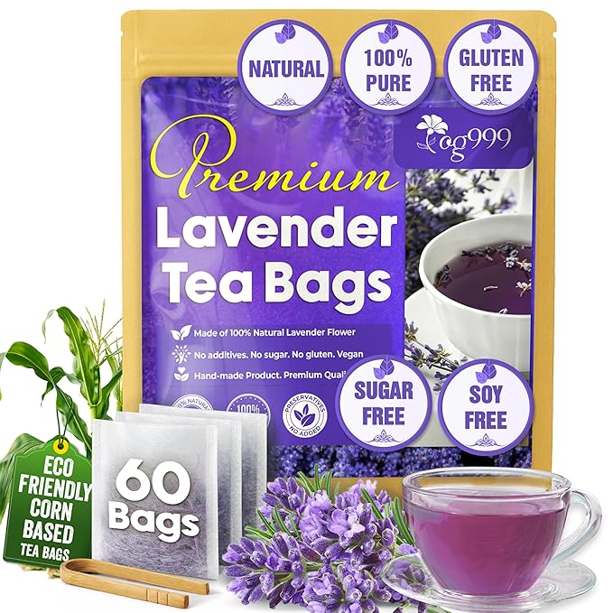 TOG999, Premium 60 Lavender Flower Tea Bags, 100% Natural & Pure. Loose Flower Lavender Herbal Tea. No Sugar, No Caffeine, No Gluten, Vegan.