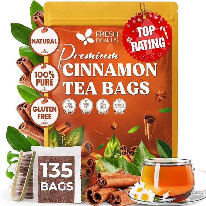 FreshDrinkUS, Premium 135 Cinnamon Tea Bags, 100% Natural & Pure, Herbal Tea, Made with Natural Materials-Corn Fiber Tea Bags, Sugar/Caffeine/Gluten Free. Warmly Taste and Balance.