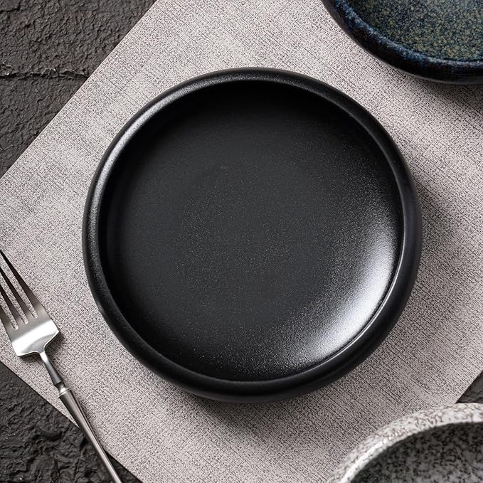 Uaral Japanese Salad Plate,8 Inch Black Plates and Bowls Set,Stoneware Pasta Bowl Set of 2,20 oz(Texture Matte Black)