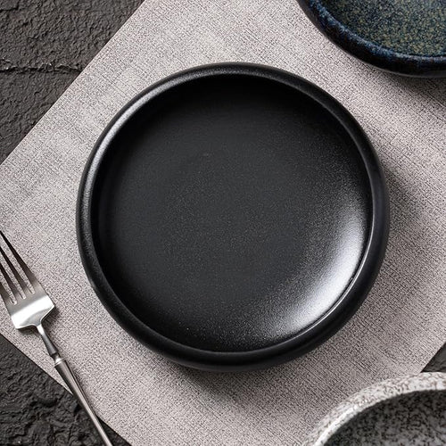 Uaral Japanese Salad Plate,8 Inch Black Plates and Bowls Set,Stoneware Pasta Bowl Set of 2,20 oz(Texture Matte Black)