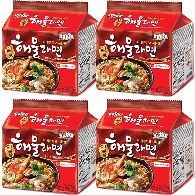 Paldo Fun & Yum Il Poom Seafood Instant Noodles with Spicy Seafood Based Broth, Best Oriental Style, Original Korean Ramyun, Spicy Ramen Challenge, K-Food, 일품 해물라면 Family Pack, 120g (4.23 oz) x 20 PK