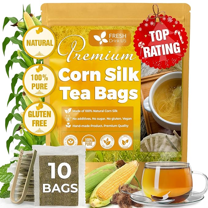 FreshDrinkUS, Premium 10 Tea Bags Corn Silk Tea, 100% Natural & Pure from Corn Silk. Herbal Tea. Clean Ingredients. Made with Natural Material Tea Bags. No Sugar, No Caffeine, Vegan.