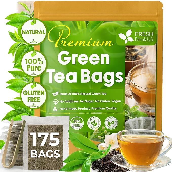 FreshDrinkUS, Premium 175 Green Tea Bags, 100% Natural & Pure from Green Tea Leaves. Loose Leaf Green Tea Herbal Tea. Made with Natural Material Tea Bags. No Sugar, No Caffeine, No Gluten, Vegan.