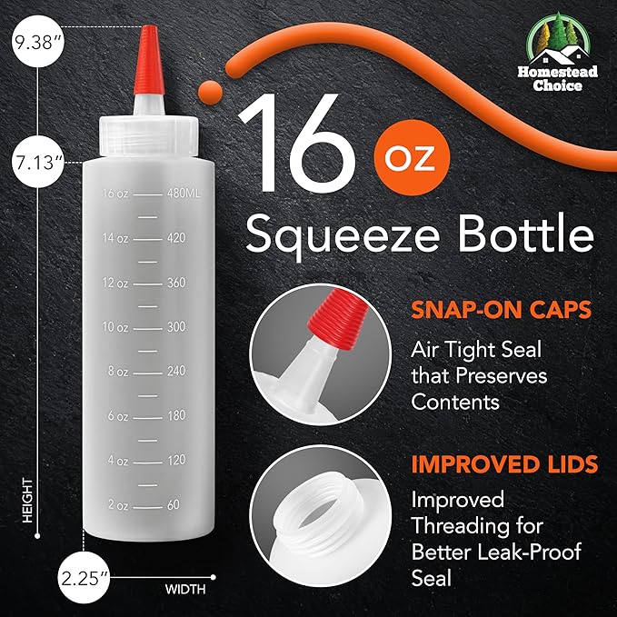 Homestead Choice 2-pack Plastic Squeeze Bottles for Sauces - 16oz Condiment Squeeze Bottles for Liquids - BPA Free Squirt Bottle with Cap - Ketchup, Syrup, Oil, Dressings, Honey & Arts and Crafts