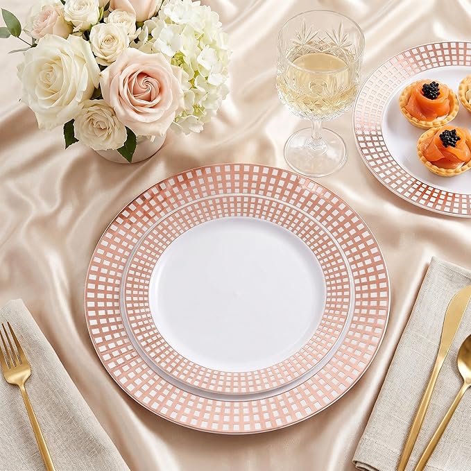 Fijinhom 100PCS Heavy Duty Gold Plastic Plates for 50 Guests, for Party, Wedding, Birthday, Dinnerware Set of 50PCS 10" Dinner Plates & 50PCS 7.5" (Rose Gold)
