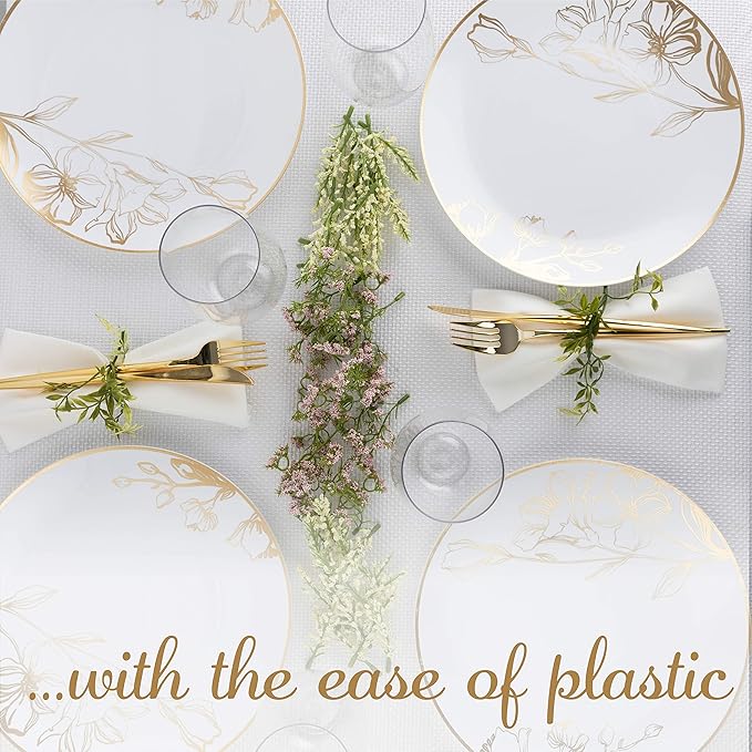 PLASTICPRO White Plastic Floral Design Party Plates With Gold Rim Premium heavyweight Elegant Disposable Tableware Dishes (120, 10'' INCH PLATES)