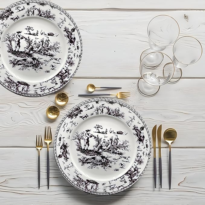 W&S CLASSICS Classic French Luxury Round Dinner Plates | 10.5 Inches Colorful Ceramic Flat Plates – Set of 6| Large Serving Plates for Party | Dishes for Appetizer, Salad, Desert, Steak (Black)