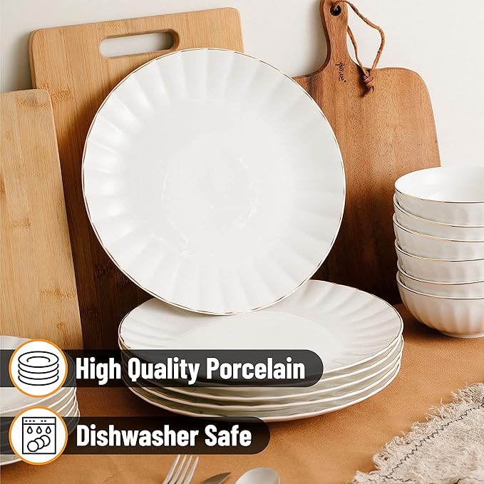 BTaT- Porcelain Dinner Plates with Gold Trim,10.5 inch, Set of 6, White Dinner Plates Bulk, White Plate Set