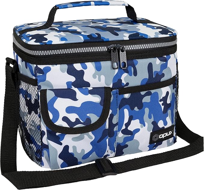opux Insulated Lunch Box for Men Women Kids, Leakproof Reusable Lunch Bag Cooler for Work School Office, Soft Thermal Lunchbox Tote with Shoulder Strap for Boys Girls Adults, Camo Blue, 14 Can/8L
