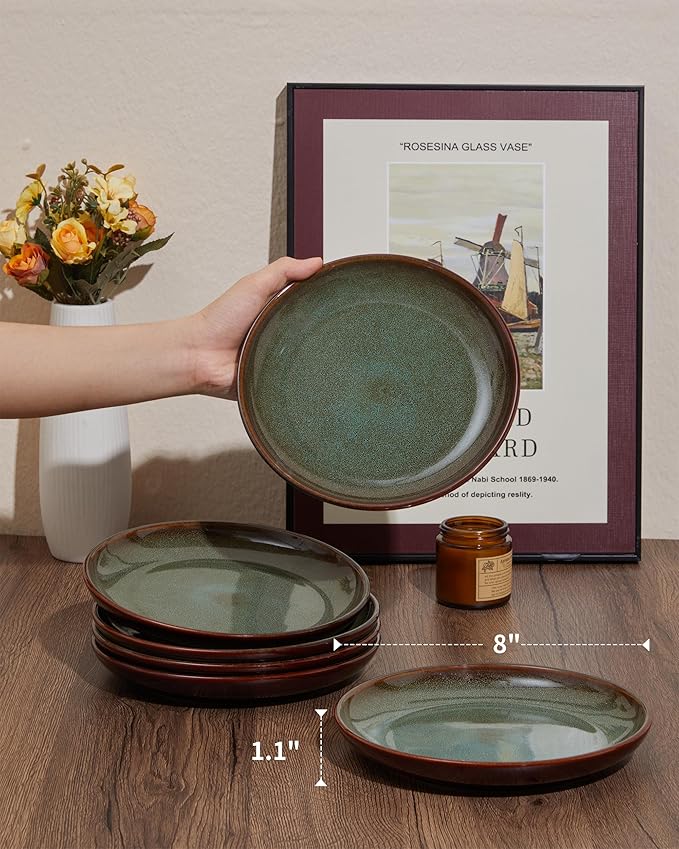 Pokini Ceramic Salad Plates Set of 6, 8.0 Inch Reactive Glaze Dish Set, Small Dinner Plate for Dessert, Salad, Appetizer, Microwave & Dishwasher Safe, Scratch Resistant-Brown and Green