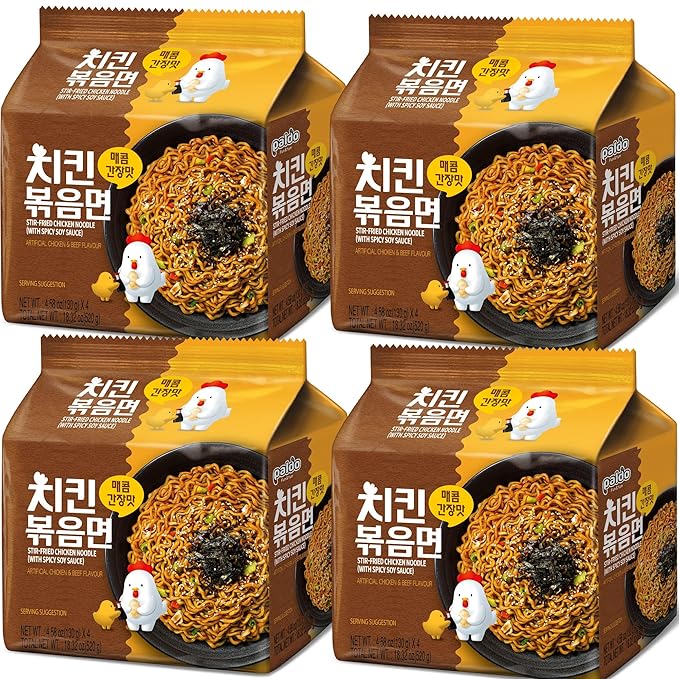 Paldo Fun & Yum Stir-Fried Chicken Instant Noodles, Brothless Ramen with Spicy Soy Seasoning Sauce, Best Oriental Style Korean Ramyun Noodle, Soupless K-Food, 매콤 치킨 볶음면, Family Pack (130g x 16)