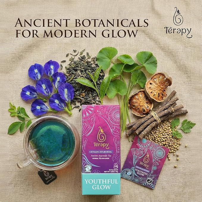 Térapy Ceylon Youthful Glow Tea Bags – Blue Butterfly Pea, Gotu Kola & Licorice Root Blend | Traditional Ayurvedic Herbal Tea Supporting Collagen for Skin & Hair Wellness | 18 Count