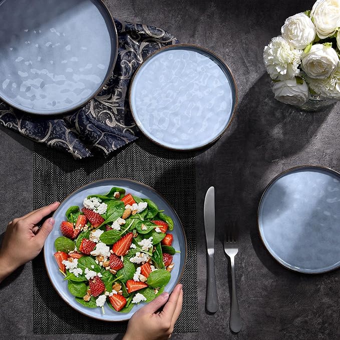 LIANYU 6PCS Ceramic Flat Dinner Plates Set, Porcelain Salad Appetizer Dishes with High Edge, 10.2” Dessert Plates Set, Microwave, Oven, dishwasher Safe, Chip & Scratch Resistant, Serenity Blue