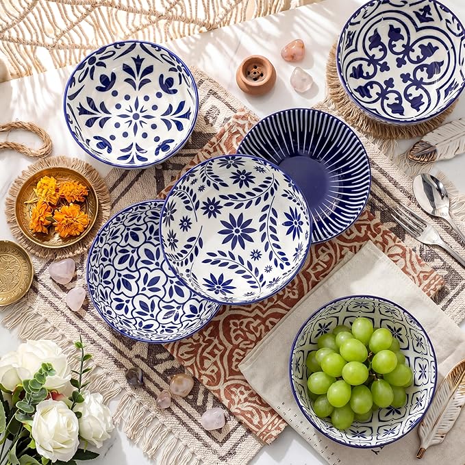 Cereal Bowls, 28 Ounce Ceramic Soup Bowls Set of 6, Bowl Set for Rice Salad Fruit Dessert Oatmeal Snack Ice Cream,Microwave & Dishwasher Safe, Bohemian Blue & White