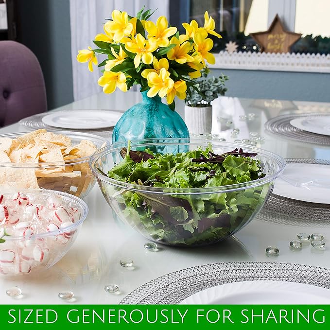 PLASTICPRO Disposable 48 Ounce Round Crystal Clear Plastic Serving Bowls With Lids, Party Snack or Salad Bowl, Chip Bowls, Snack Bowls, Candy Dish, Salad Container Pack of 2