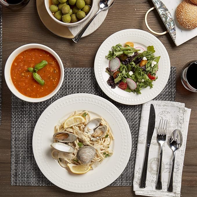 Tabletops Gallery Embossed White Porcelain Round Dinnerware - Bloom 12 Piece Dinnerware Set