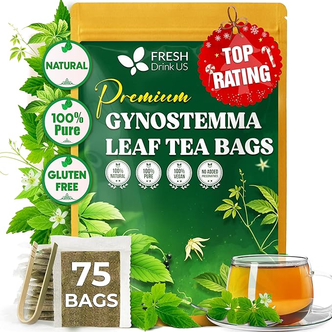 FreshDrinkUS, Premium Gynostemma Tea Bags (Jiaogulan) | 75 Count | Naturally Smooth & Earthy Caffeine-Free Herbal Tea – Plant-Based Tea Bags for Daily Enjoyment. Caffeine Free, Sugar Free. Vegan