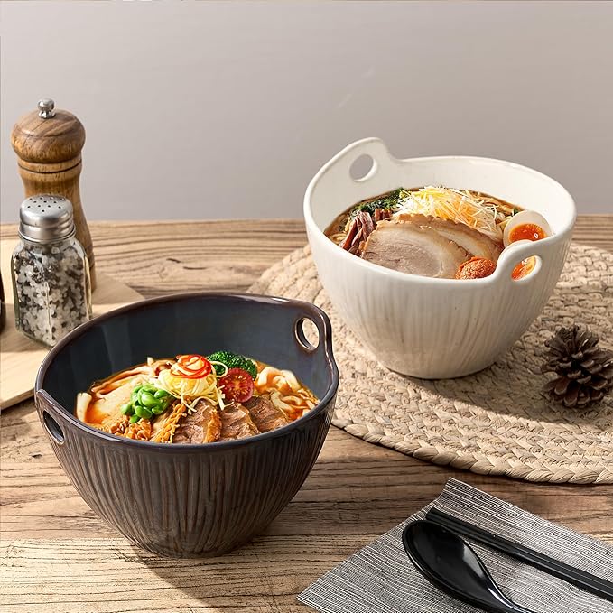 Ramen Bowl with Chopsticks and Spoons Set, 7 Inch Ceramic Noodle Bowl Set of 2, Dishwasher Safe for Pho Udon Soba Noodle Salad Pasta, Special Reactive Glazed Bowls Set, Amethyst Veil